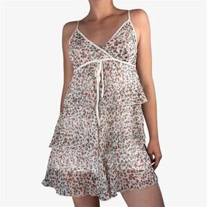 White pink floral mini babydoll tiered dress